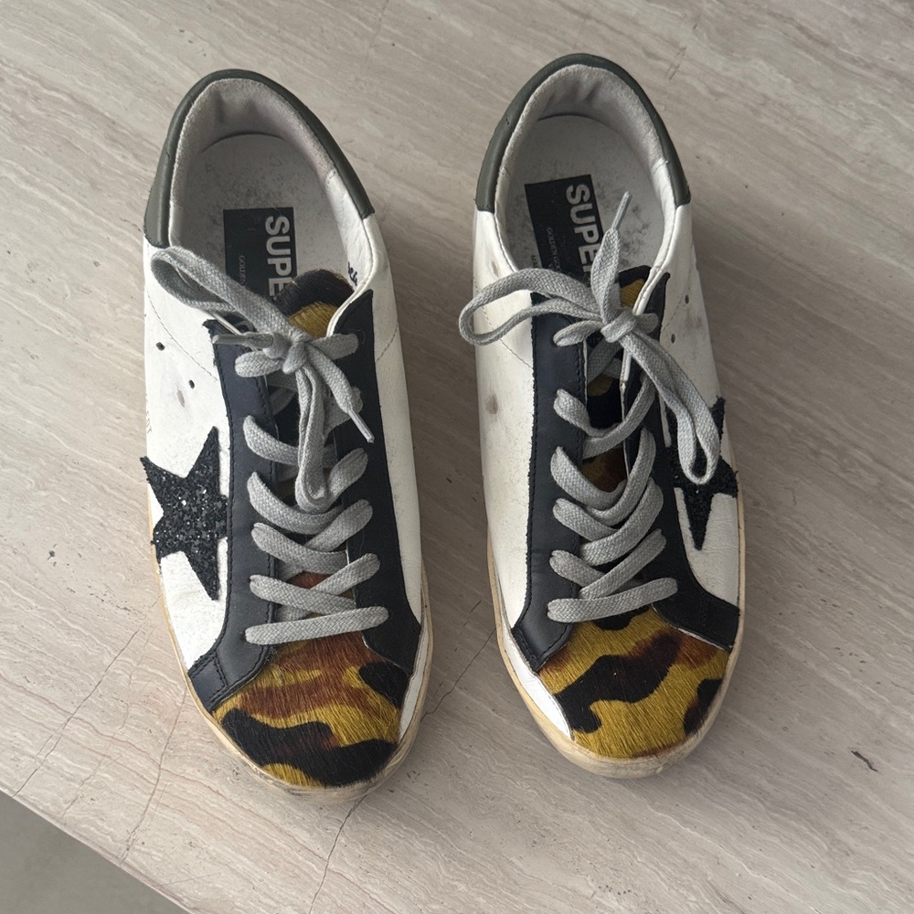 Golden Goose White and Black Sneakers with Camo Accents